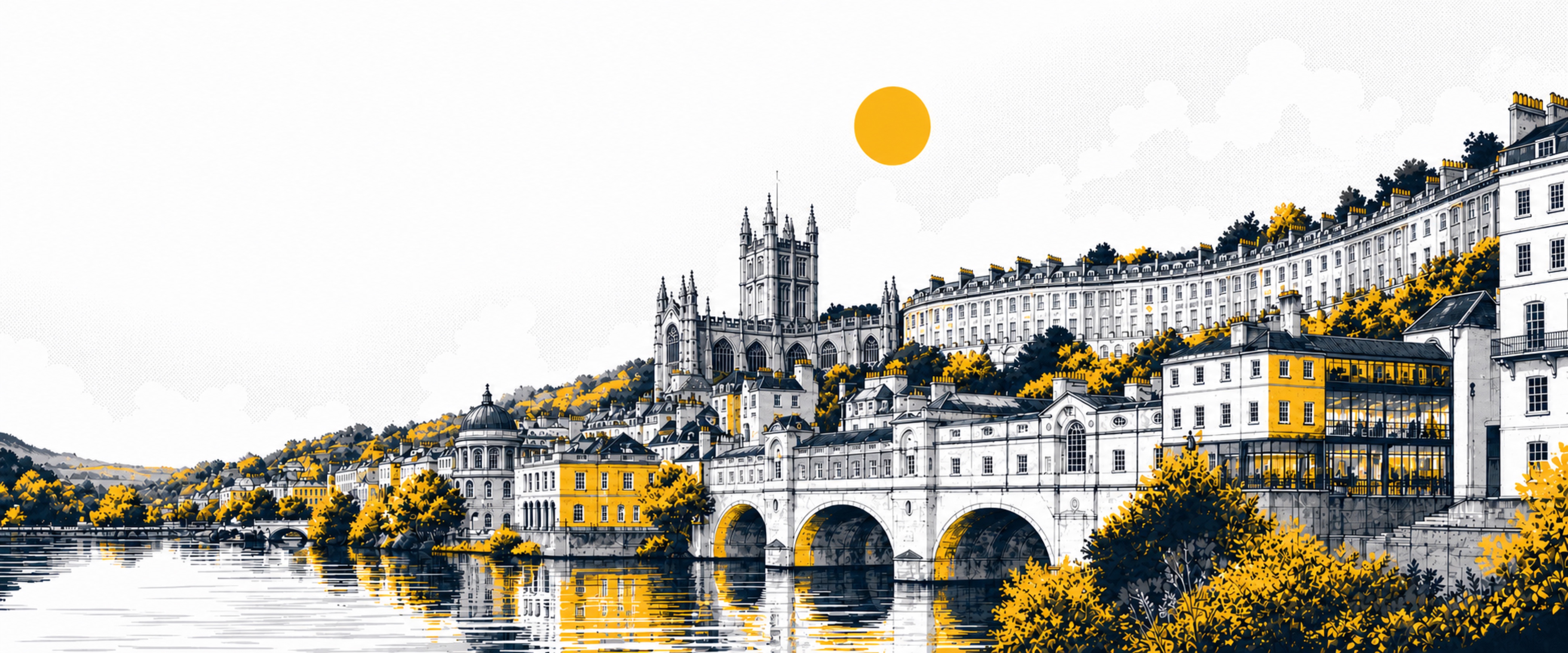 An illustrated Bath panorama with Bath Abbey, Pulteney Bridge, the River Avon and Georgian terraces