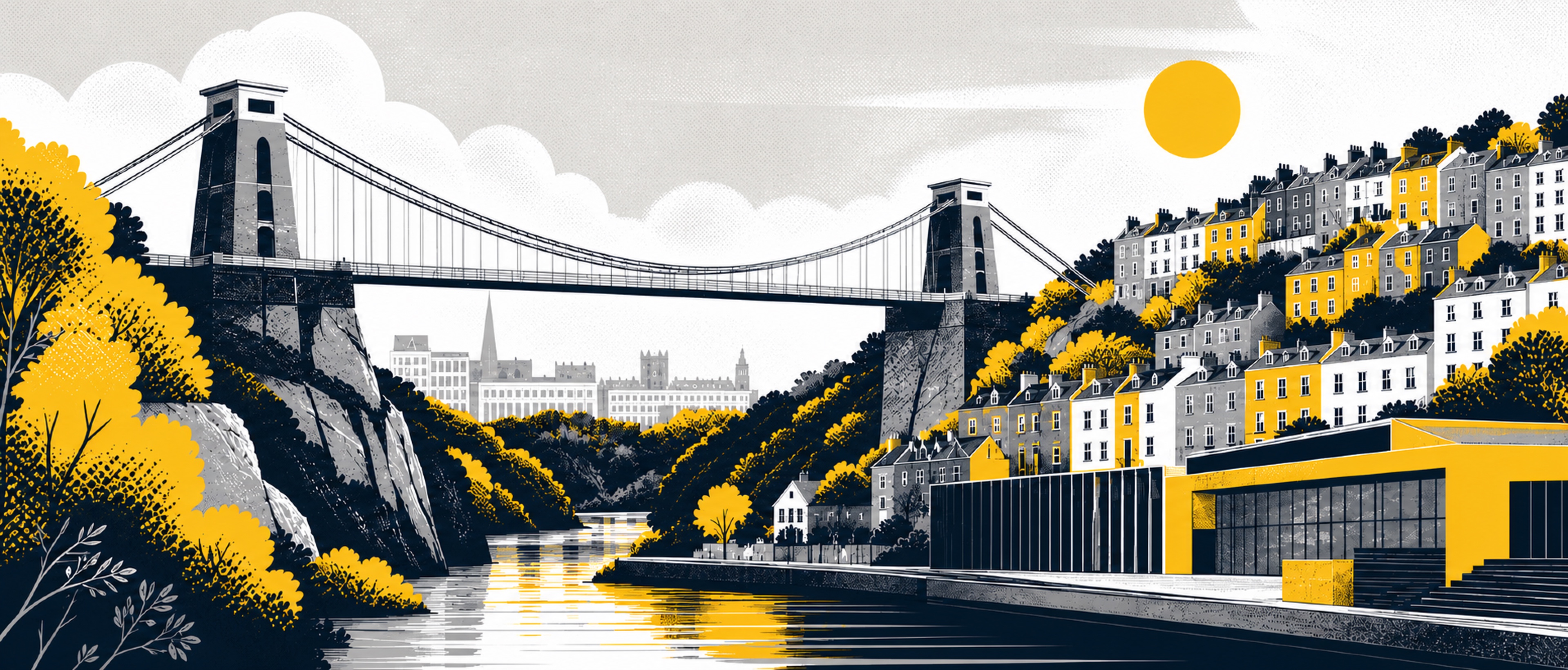 An illustrated Bristol panorama with the Clifton Suspension Bridge, Avon Gorge, river and colourful hillside houses