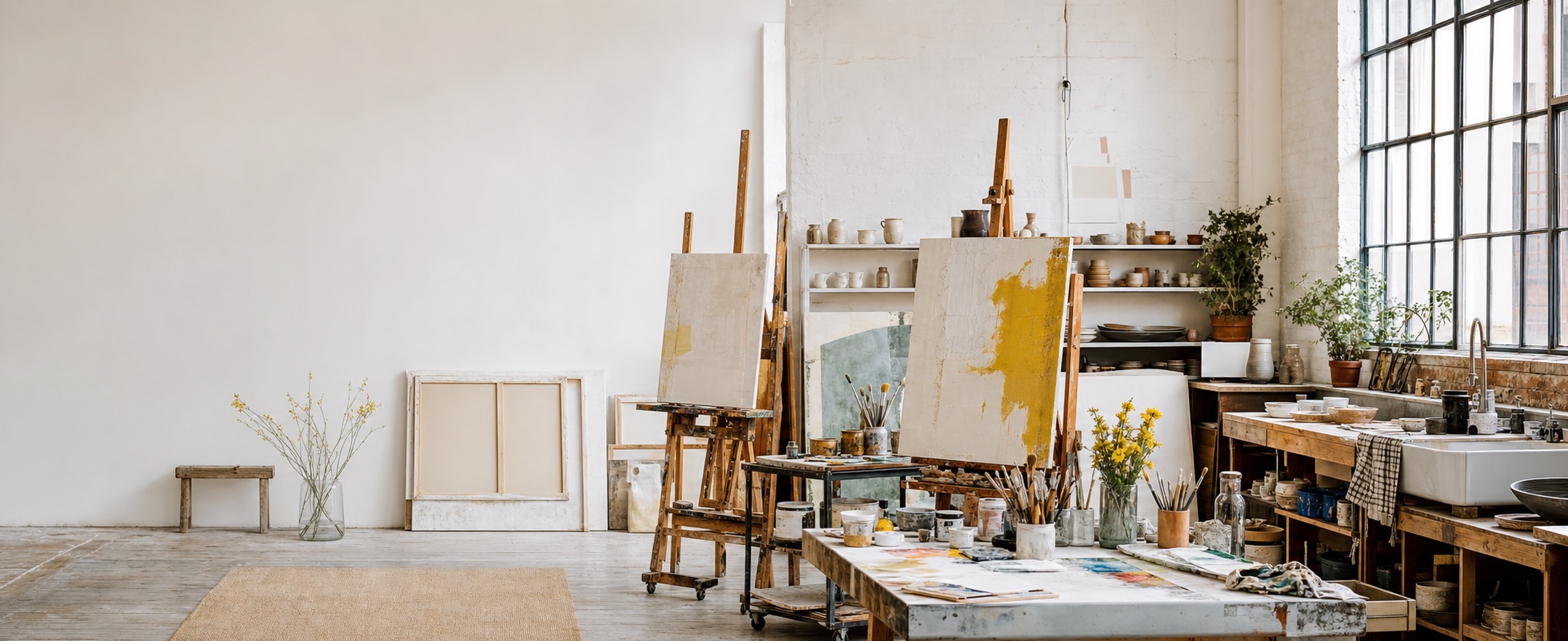 Light-filled artist studio with easels, canvases, paint tables and pottery shelves