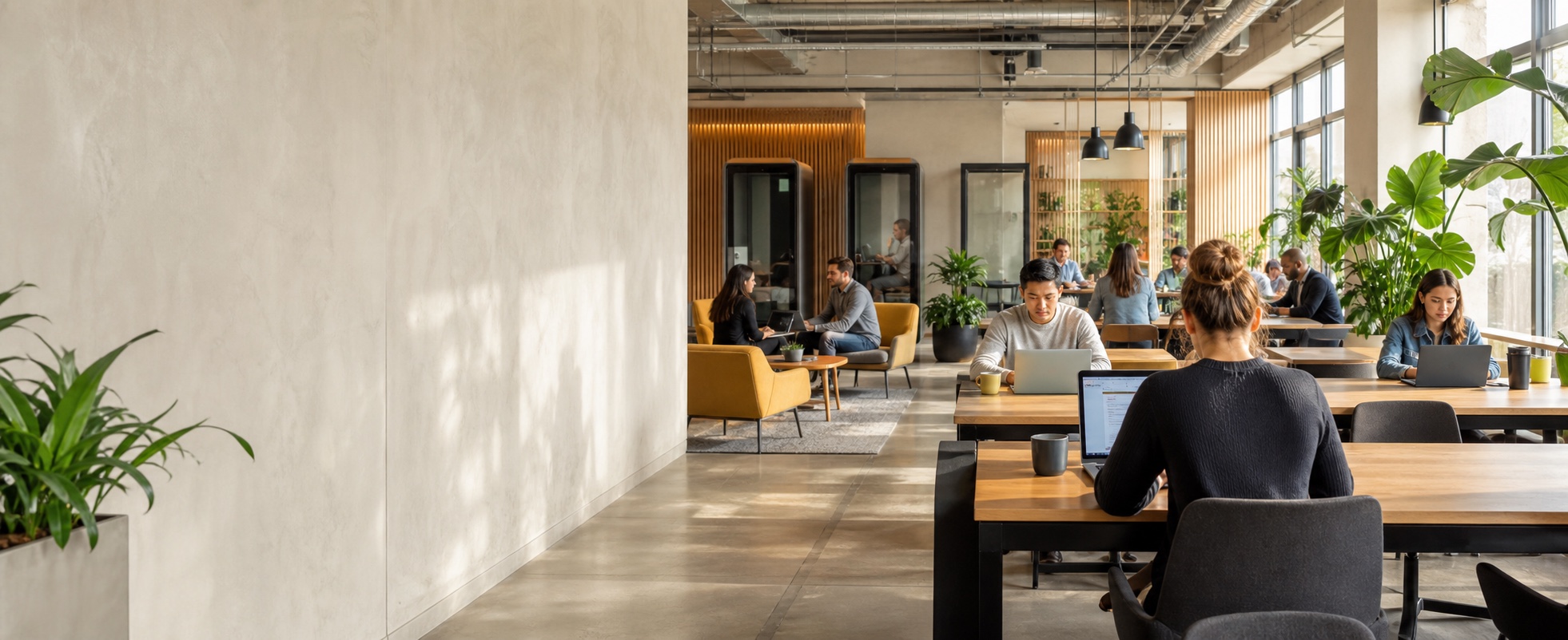 Lively coworking space with shared worktables, phone booths and people working