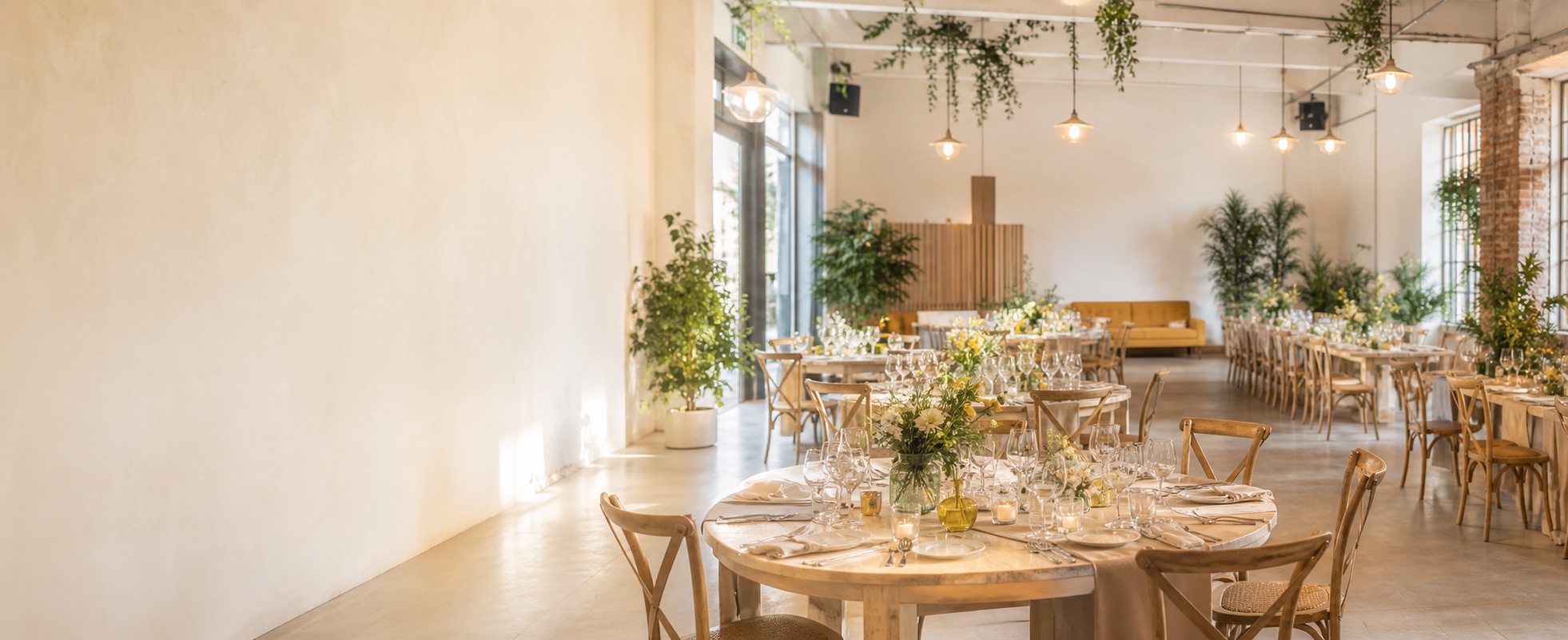 Flexible event venue prepared with tables, flowers and warm ambient lighting