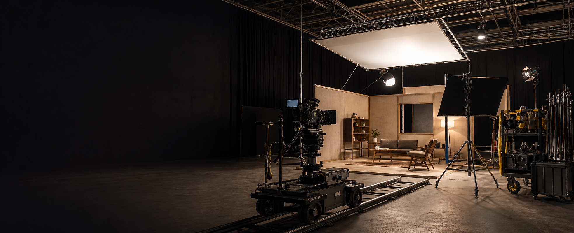 Professional film soundstage with a cinema camera, lighting rig and practical set
