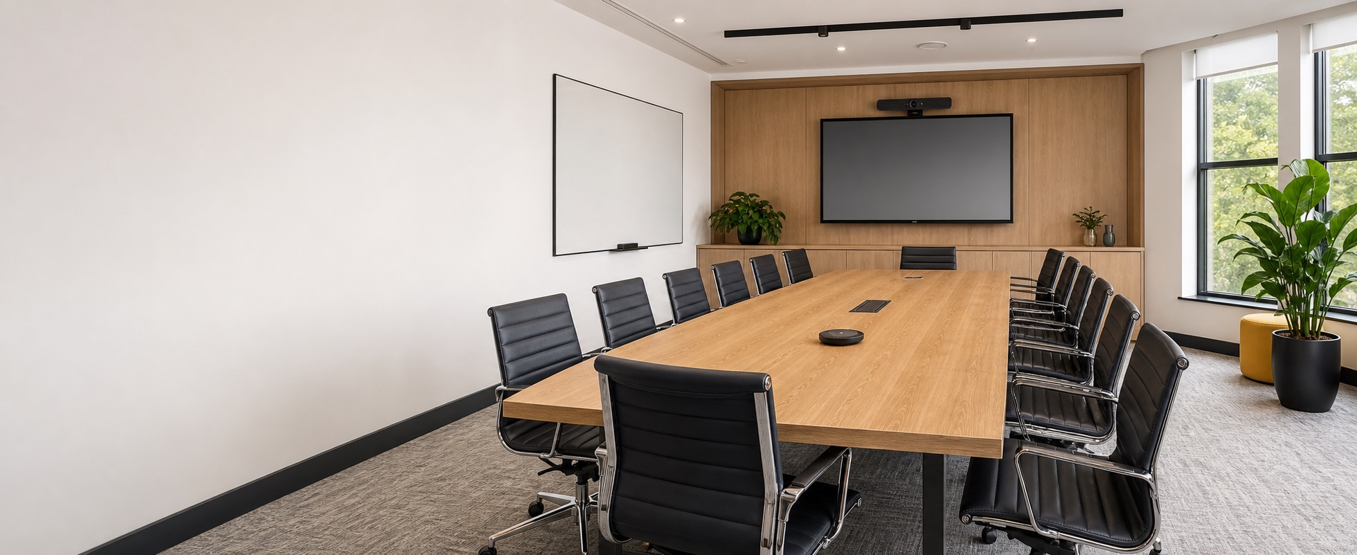 Professional meeting room with a boardroom table, presentation screen and video conferencing