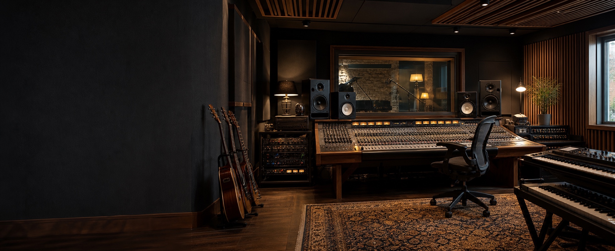 Professional music studio with a mixing desk, monitors, guitars and keyboards