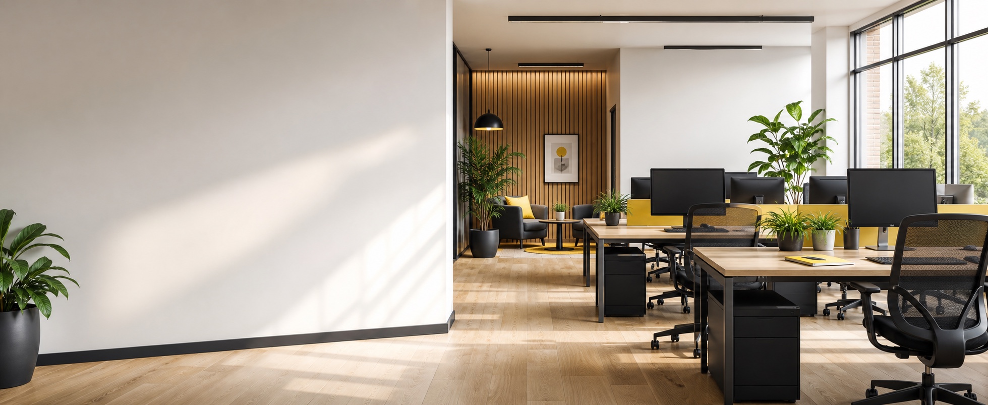 Bright modern flexible office with desks, monitors, plants and natural light