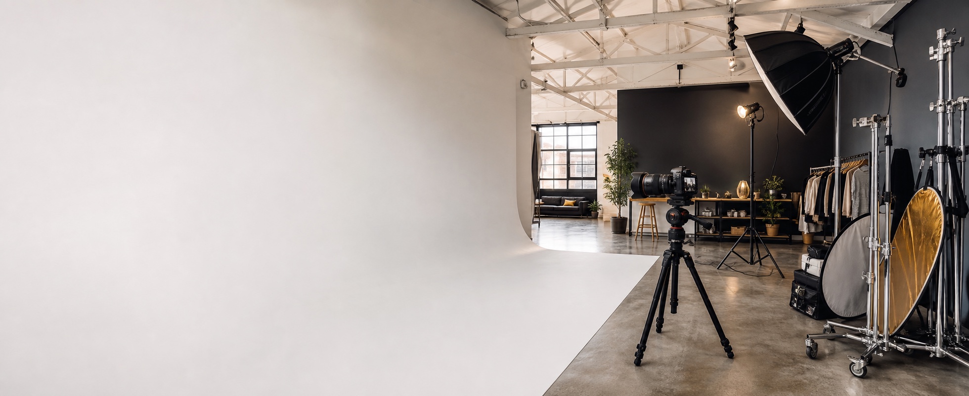 Professional photography studio with a cyclorama, camera, lighting and production equipment