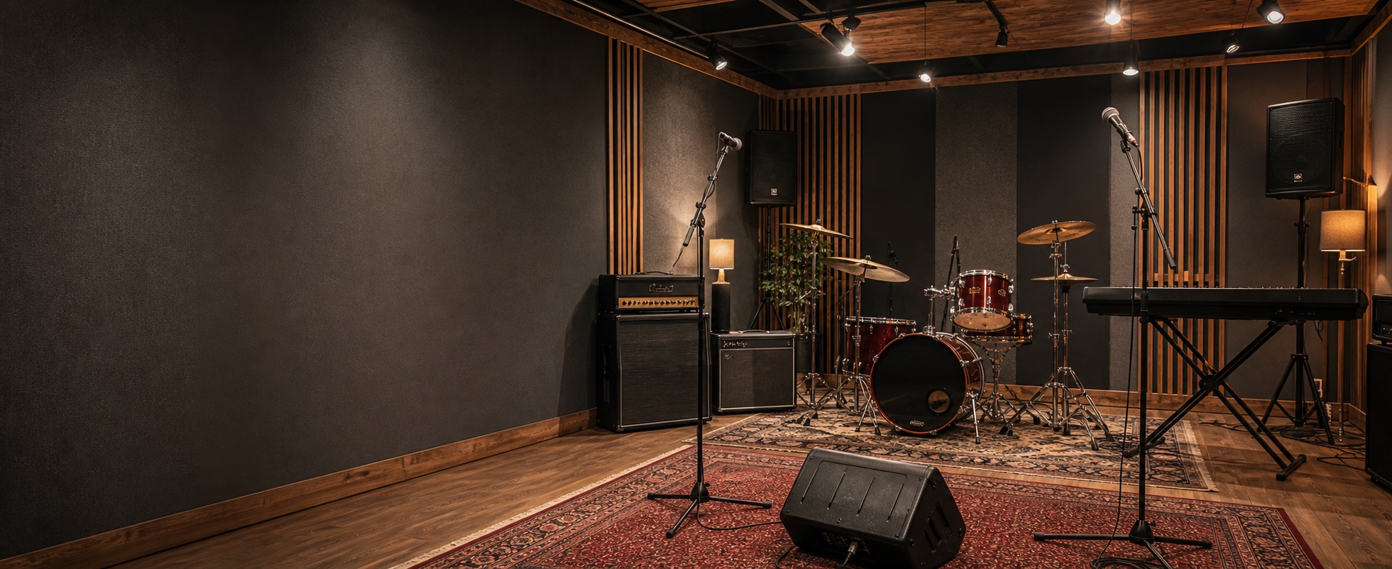 Band rehearsal room with a drum kit, amplifiers, microphones and keyboard