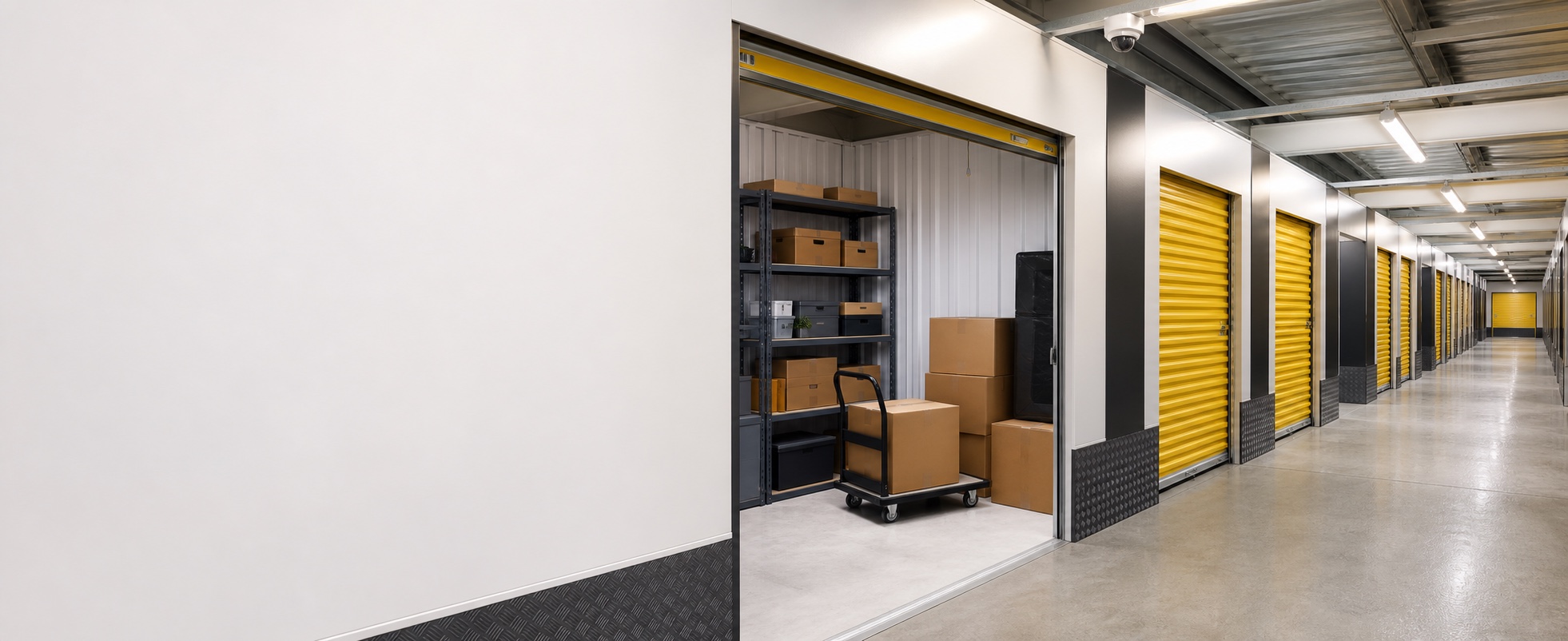 Clean secure self-storage facility with yellow unit doors, shelving and boxes