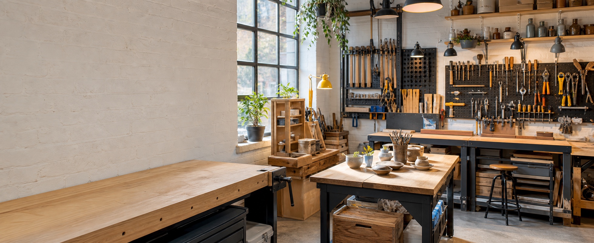 Creative maker workshop with workbenches, hand tools and craft materials