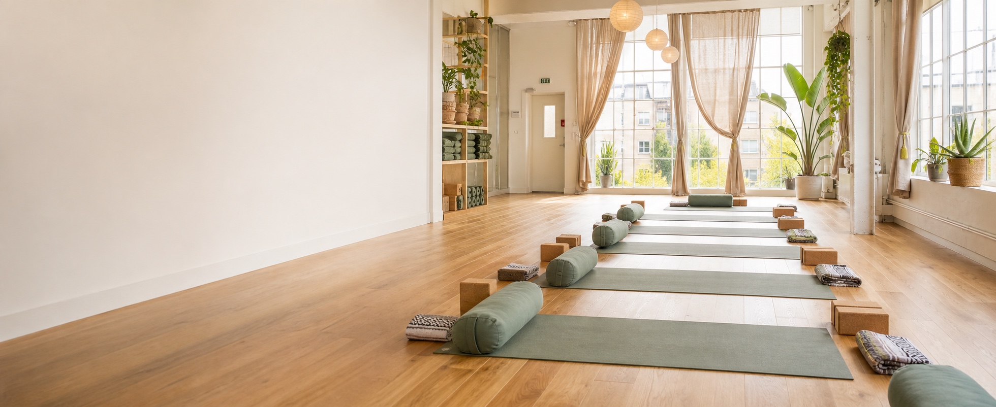 Serene yoga studio with mats, bolsters, timber flooring and natural light