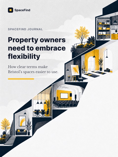 Diagonal architectural cutaways connecting meeting, event, art, wellbeing and workshop spaces, with yellow accents.